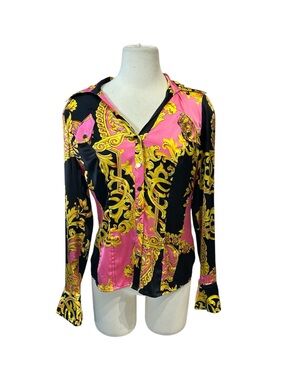 Y2K Cache Baroque Versace Style Silk Snap Button Blouse Medium